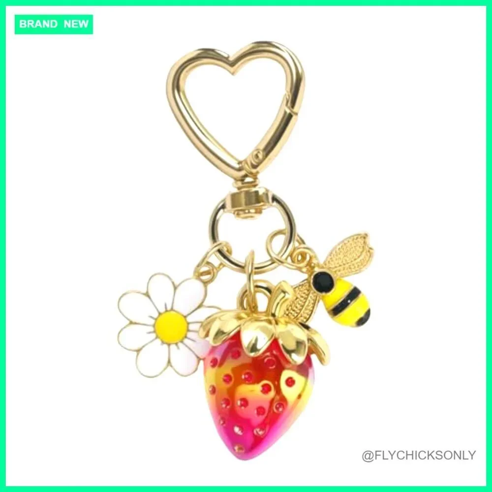 Steel Strawberry Bag Charm Keychain with Glitter Cherries for Purse